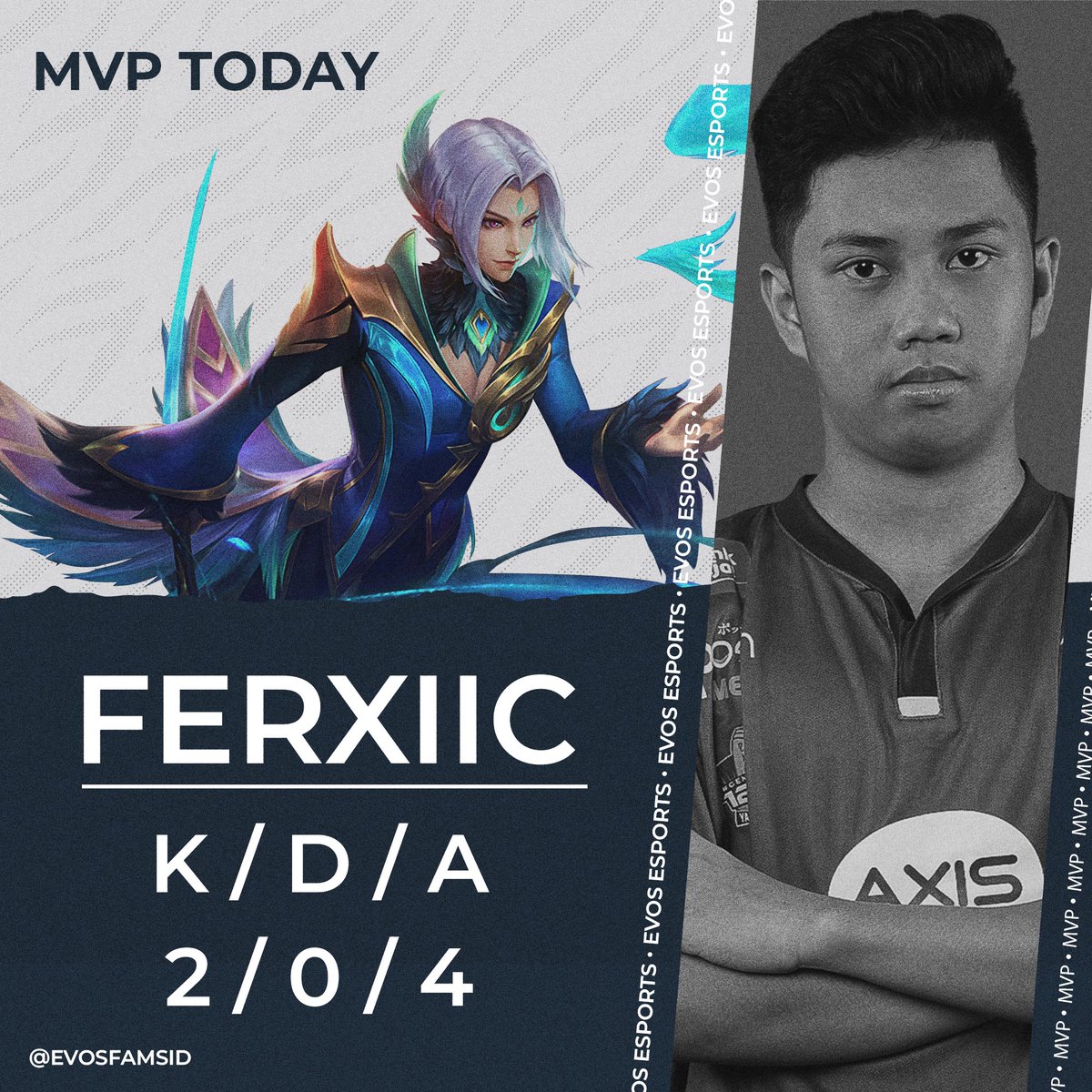 EVOSfamsID's tweet photo. Pada match ke 3 vs Alter Ego, Ferxiic berhasil menjadi MVP lagi. Good game @evosesports and Nice Try Alter Ego! #EVOSROAR https://t.co/Jx13ln0QcH