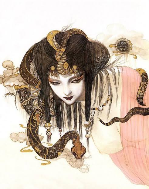 EENlX's tweet photo. kinda baffling when i see people call yoshitaka amano’s style or characters “white” when his art style is mostly a blend of traditional japanese woodblock print with art nouveau... https://t.co/qCrniEPX4H