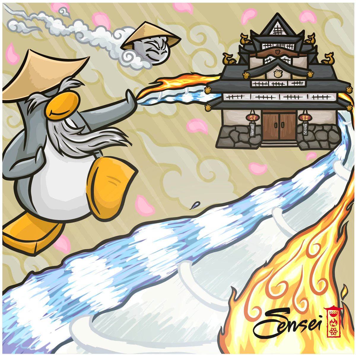 The penguin artist Begins each polished background With a rough Paint sketch Sensei will have a new elemental background to mark the return of Card-Jitsu on @CPRewritten! 🥷