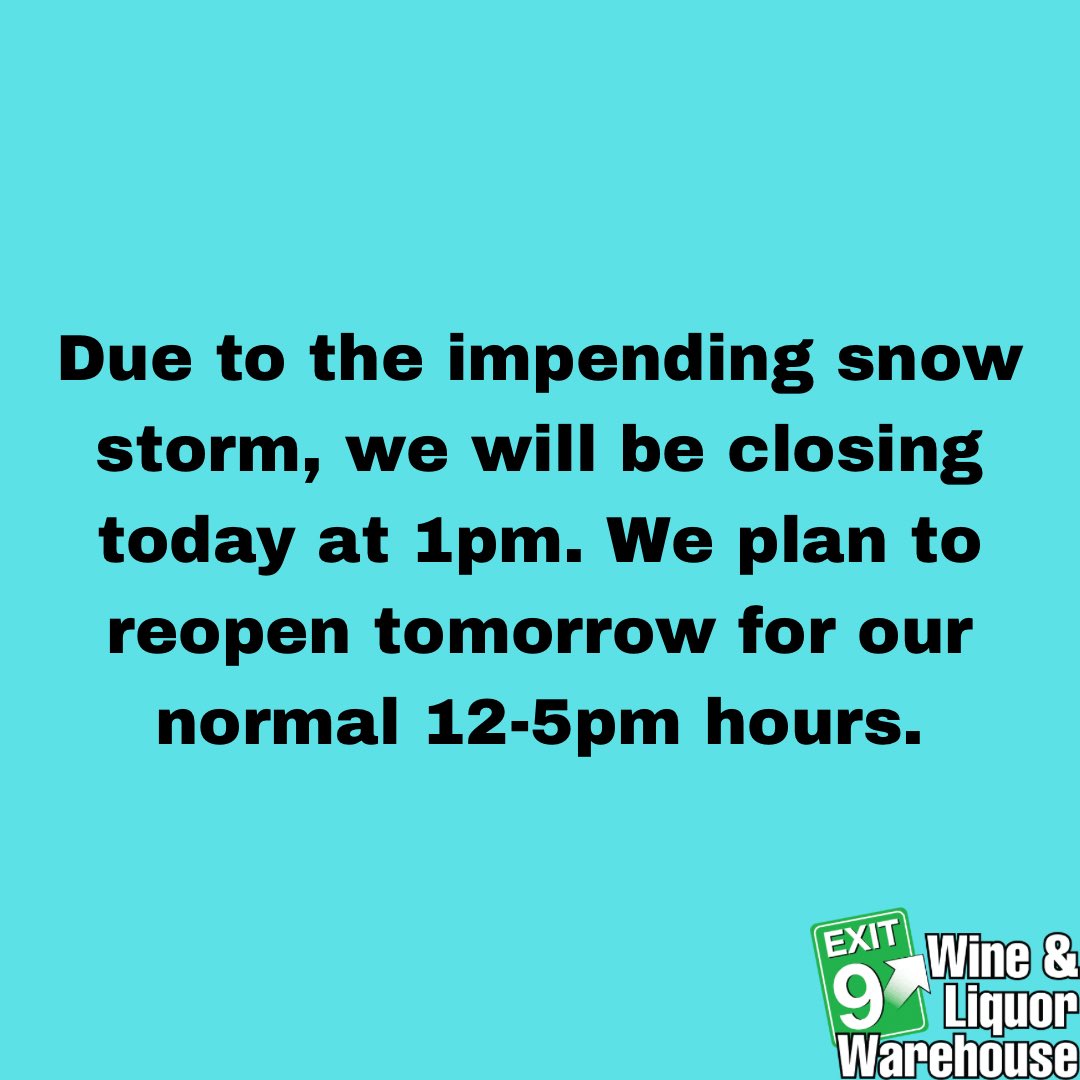 Exit9Wine's tweet photo. Additionally, all local delivery is paused for the day.

Thank you, and stay warm! https://t.co/1FEyiUWvOY