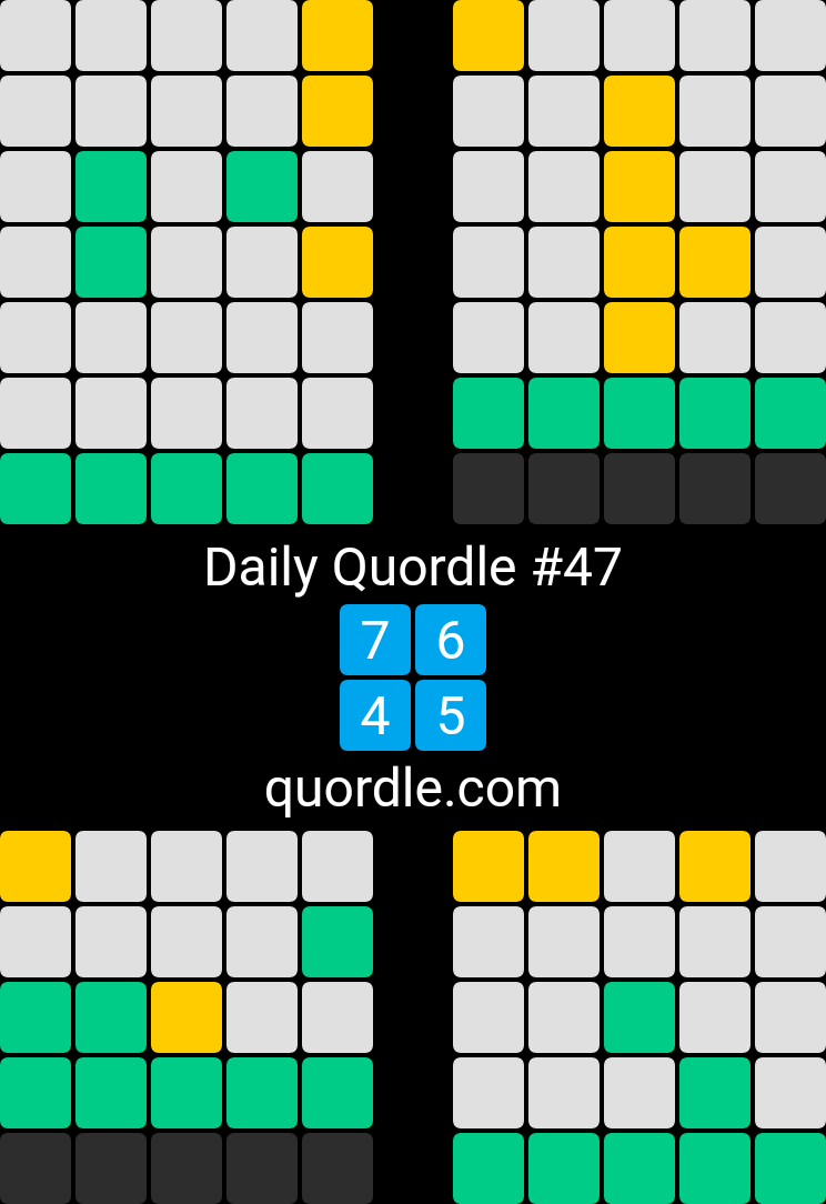 lf2sing's tweet image. Wordle 266 4/6
⬜🟩⬜⬜⬜
⬜🟩⬜🟨⬜
🟩🟩⬜⬜⬜
🟩🟩🟩🟩🟩

Kotobade Asobou 言葉で遊ぼう 48 2/12?
↔️⬛↔️🟩
🟩🟩🟩🟩

Zidou 266 5/6
⬛⬛⬛🟨🟩
⬛🟩⬛🟩🟩
⬛🟩⬛🟩🟩
⬛🟩⬛🟩🟩
🟩🟩🟩🟩🟩

Daily Quordle #47
7️⃣6️⃣
4️⃣5️⃣
quordle.com