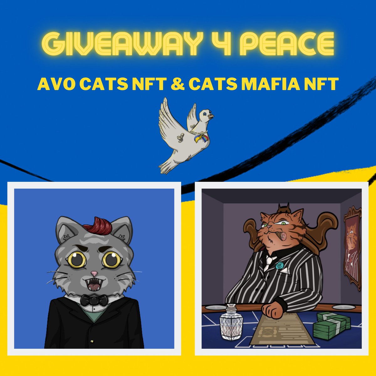 🇺🇦Giveaway for Charity🇺🇦
⚡️ <a href="/CatsMafiaNFT/">CatsMafia NFT</a> X <a href="/NftAvocats/">AvoCats NFT | by Qlawyers.ro</a> ⚡️

Prizes: 2 x NFTs

How To enter:
👉 Follow :<a href="/NFTPact/">NFT Pact | UkraiNFT</a>  &amp; <a href="/CatsMafiaNFT/">CatsMafia NFT</a>  &amp; <a href="/NftAvocats/">AvoCats NFT | by Qlawyers.ro</a> 
👉 Retweet + follow
👉 Tag 3 friends

⏰24h!

#UkraiNFT project: trust.market/buy/UkraiNFT