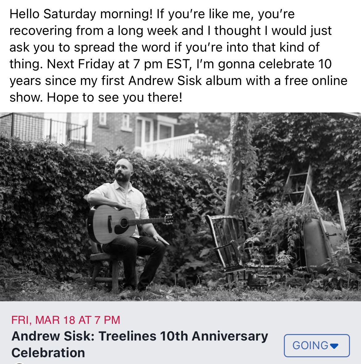 Free Online Concert on FaceBook Live Next Friday at 7 p.m. EST
To celebrate 10 years of Treelines and it’s first release on streaming services March 18th.
#10yearchallenge 
#cbcmontreal
