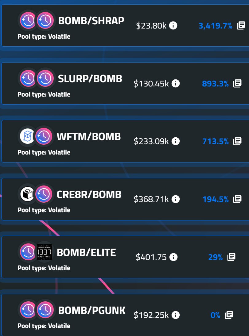 Check out all these explosive new pairs on $BOMB <a href="/solidlyexchange/">Solidly</a> LP pairs over at <a href="/SolidexFantom/">Solidex</a>!
Farm with $fBomb $SLURP <a href="/SLURPDAO/">SLURP DAO 🥤</a>🥤$CRE8R <a href="/CRE8RDAO/">CRE8R</a> 📷 $ELITE <a href="/FTM1337/">Eliteness.Network (prev. Guru Network) 🦾,🚀ELITE≢</a> 🧑‍💻 $PGUNK <a href="/fantomonftm/">fantomonftm</a> 🎮 and earn amazing yields!
