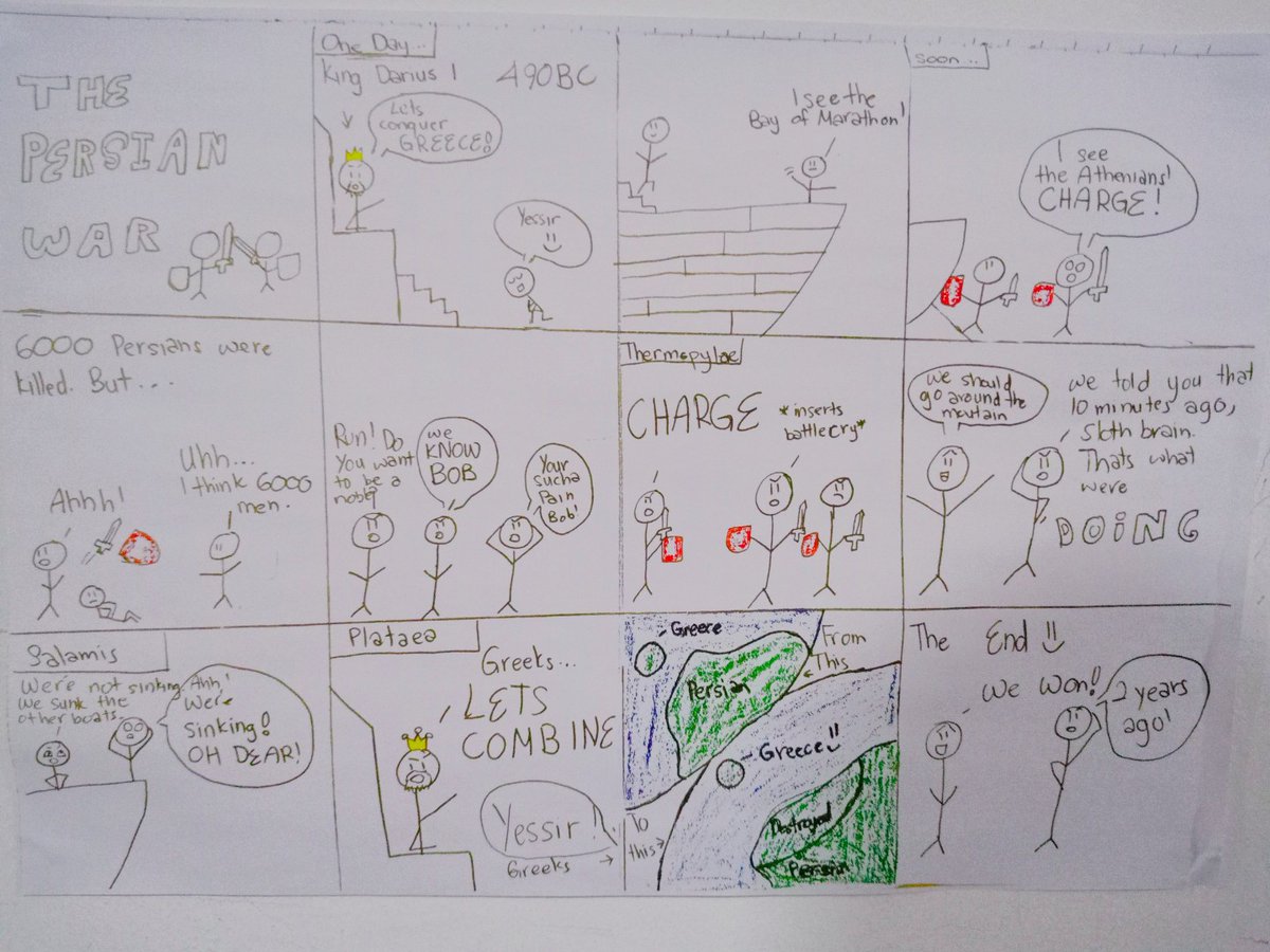 HISYear6's tweet photo. Best of: The Persian War™
Look at some promising future cartoonists here from the kids' task for the IPC unit of The Great, The Bold & The Brave where they're creating a storyboard or a comic strip about the Persian War under the Ancient Greeks history lesson. #HISLearning https://t.co/xWgXmSLuOa