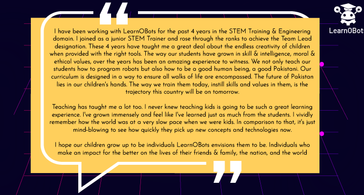 learnobots's tweet photo. Team Lead - Training and Engineering Department, Anila Ashfaq shares her thoughts on working with LearnOBots.
.
.
.
.
.
#LearnOBots #Pakistan #Future #Teaching #Skills #21stCenturyEducation #21stCenturySkills #Science #Technology #Engineering #Mathematics #Innovation #Programming https://t.co/sG8V1eVf4G