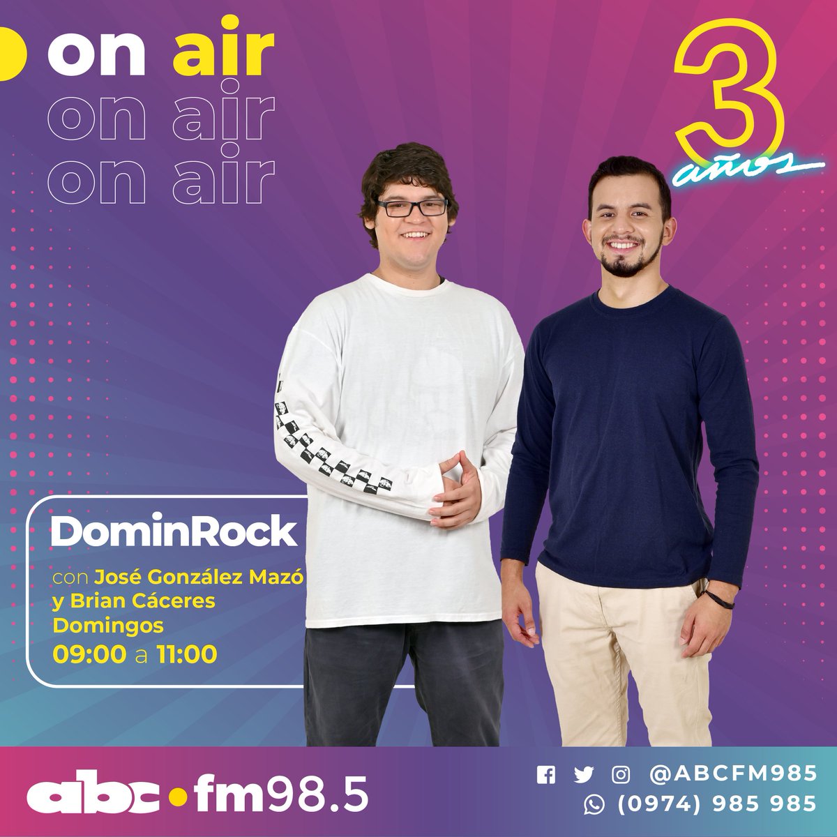 Romance985's tweet photo. ON AIR 🟡 #DominROCK con @briancaceresv y @josegmazo.
🎧Con toda la energía rockera hasta las 11 hs.
📻https://t.co/ZH6HDzQAie
#ABC985🎶 Solo Éxitos. https://t.co/1f31lus1YI