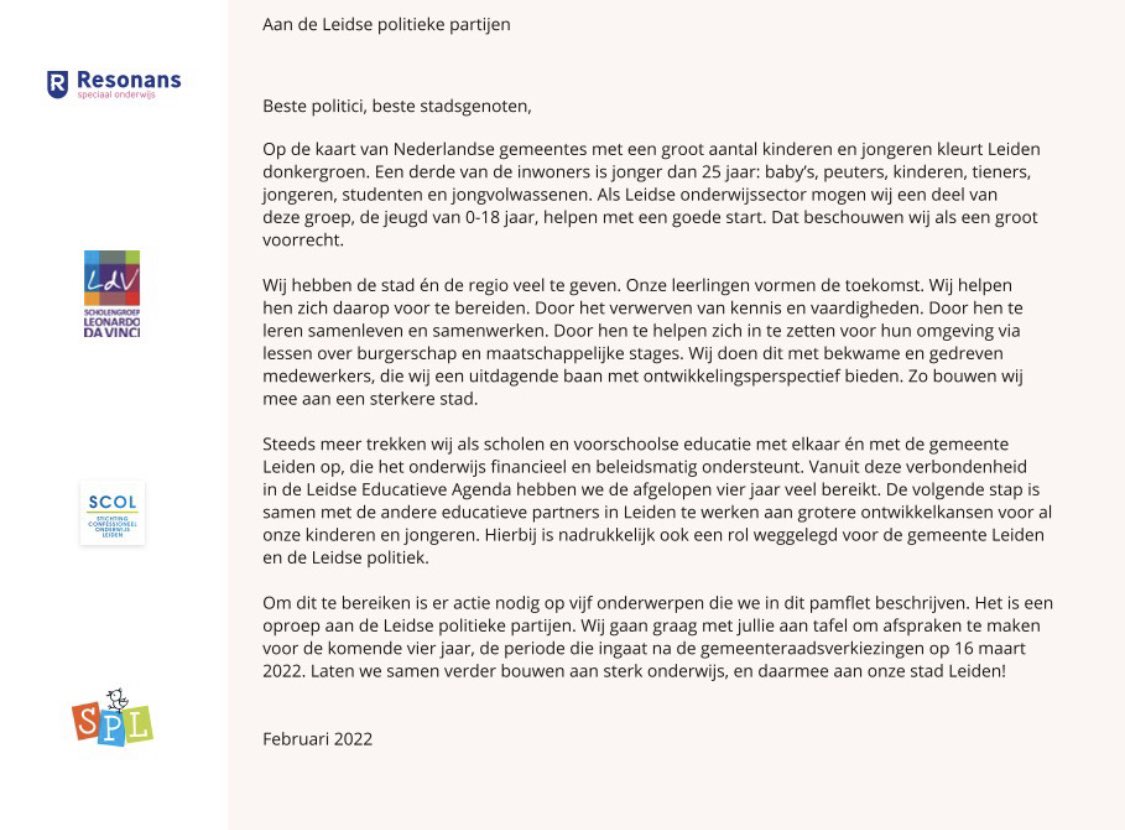 #pamflet #leidsonderwijs #gemeenteraadsverkiezingen #LeokannerOnderwijsgroep #SCOL #PROOLeidenLeiderdorp #ResonansSpeciaalOnderwijs #StedelijkGymnasiumLeiden #StichtingPeuterspeelzalen #Vlietlandcollege
