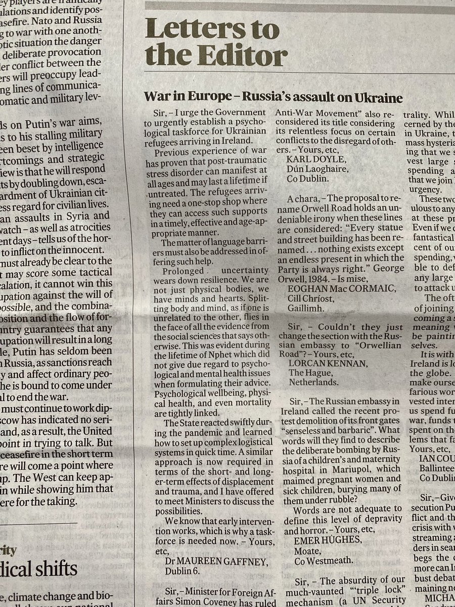 #Mentalhealth issues are best treated early and effectively for best outcomes. We urgently need to address the needs of #UkrainianRefugees coming to Ireland, many of whom may be suffering from #PTSD. My letter to the Irish times today.➡️ irishtimes.com/opinion/letter…