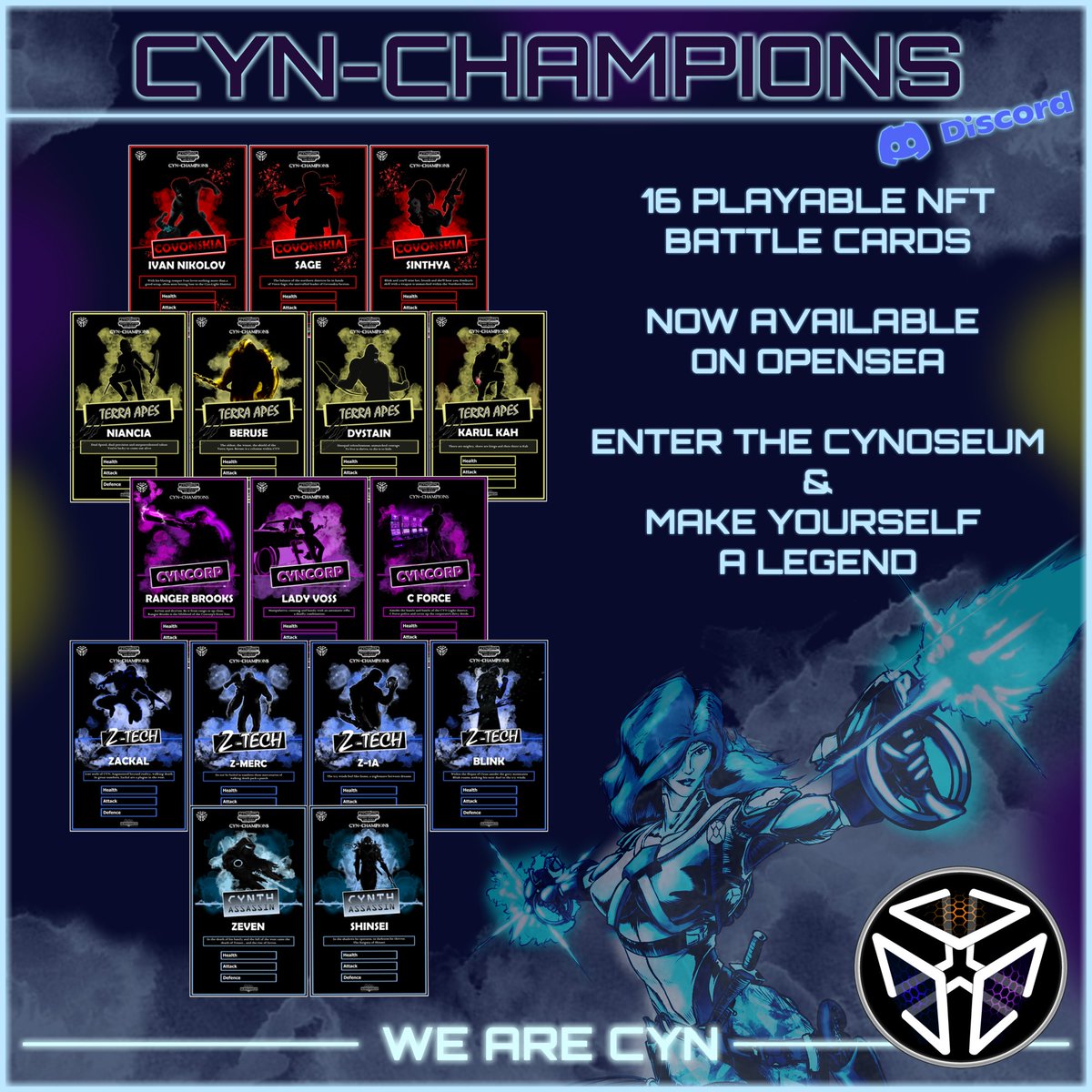Calling all players!

Your first 3 Champions are completely FREE
to play within the Cynoseum! #PVP battle grounds.

Join us on #Discord  to get your 3 discord champions to get started. 

More available on #opensea 

join us now:
discord.gg/FAGd4hfswe
