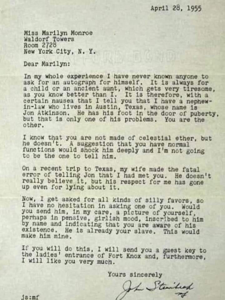 CheriJacobus's tweet image. Letter from John Steinbeck to Marilyn Monroe and it made my day:)