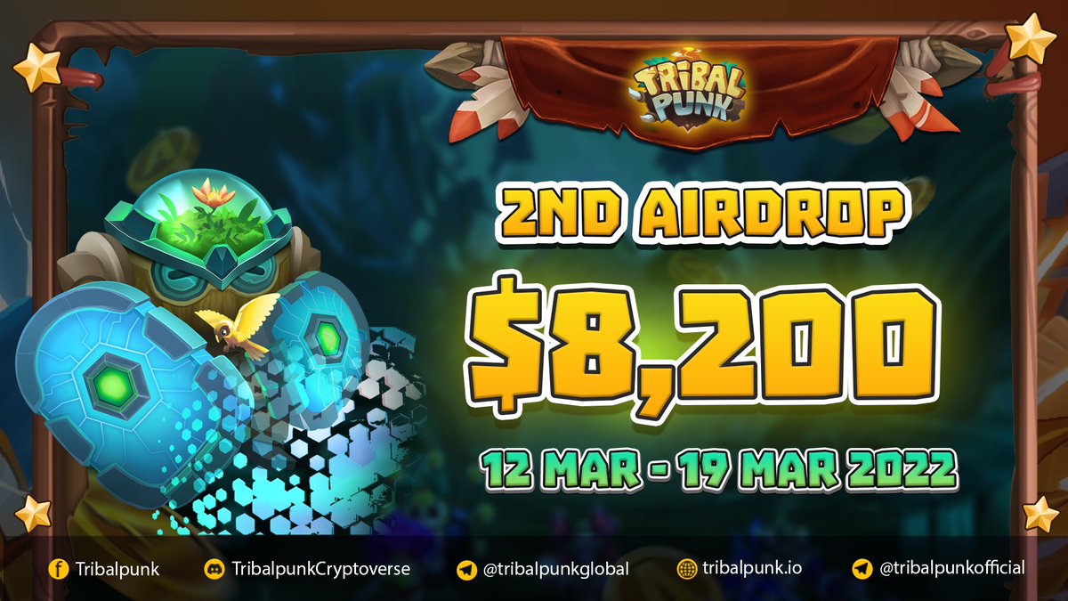 🎉TRIBALPUNK 2ND AIRDROP 🔥
💰Total Pool: $8,200 in $ANTA 💰
⭐️Link to join: gleam.io/x05y7/tribalpu…

🏆 WINNERS:
🏅1400 Random Winners get 5$
🏅Top 100 Referrers: 10$
🏅Top 5 best Referrals: 40$

📅 End Date: 19th March, 2022
🏦 Distribution Date: TGE +10

#Airdrops #NFTGiveaway