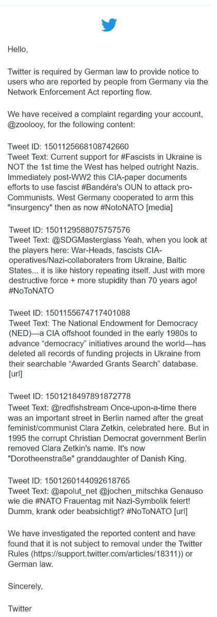 zoolooy's tweet photo. @caitoz @RaniaKhalek Welcome to the club.
I think since the Zionist mud-slingers now see how easy it is to get somebody banned for #NATO-critical tweets, they have shifted gears from reporting tweets vs. #ApartheidIsrael and I fear they WILL have more succss with this. #IStandWithAsa @AsaWinstanley https://t.co/QMcdrCd3Ct