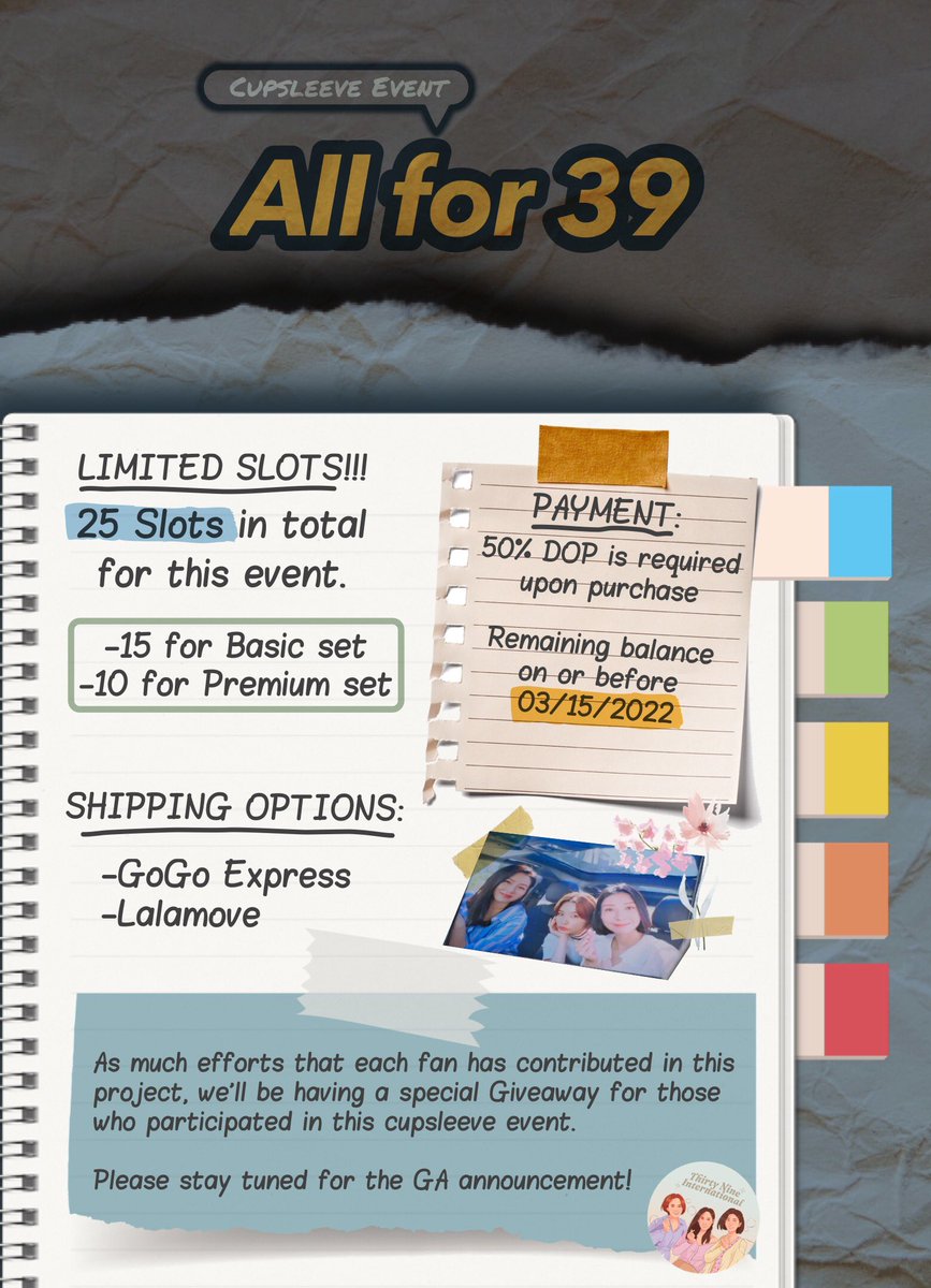 ThirtyNineIntl's tweet photo. π· All For 39 Cup Sleeve Event π·
Filipino Fans of Thirty, Nine. Here is the reveal of the gift set inclusion for Cupsleeve event. There will only be 25 slots, 15 for basic set and 10 for premium set. Hurry before slots run out!!
Order form
https://t.co/BB6SaJ33Z6
#Allfor39 https://t.co/4hOvQltYiQ