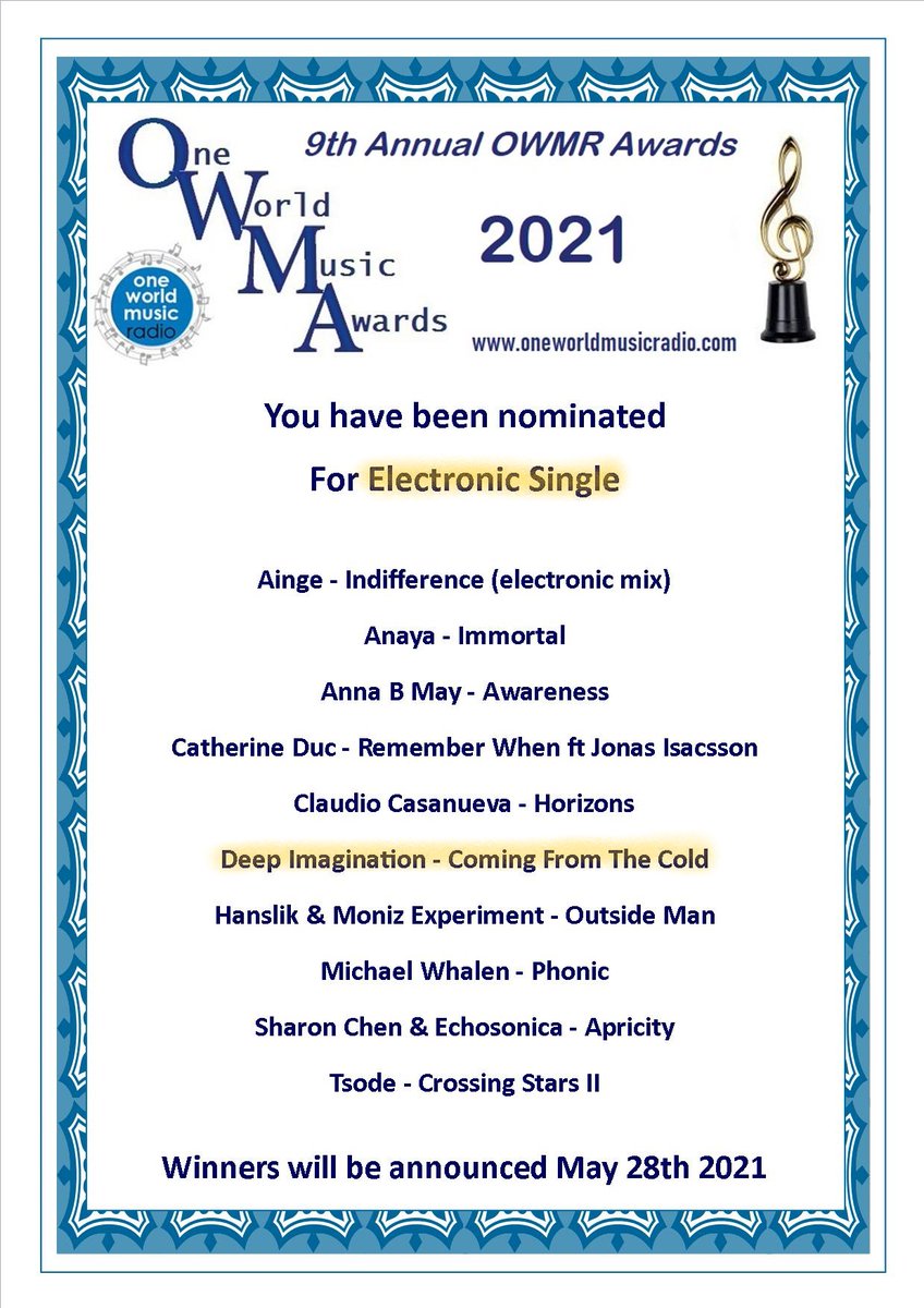 deepimagination's tweet photo. DEEP IMAGINATION nominated for the 2021 Electronic-Single-Award of OWMR. The 2021 single "Coming From The Cold" by DEEP IMAGINATION was nominated in the category "Electronic Single".

https://t.co/sedxNsZv0N

Official video on YouTube: https://t.co/fRApQCVK3U https://t.co/uYfxAYLqaY