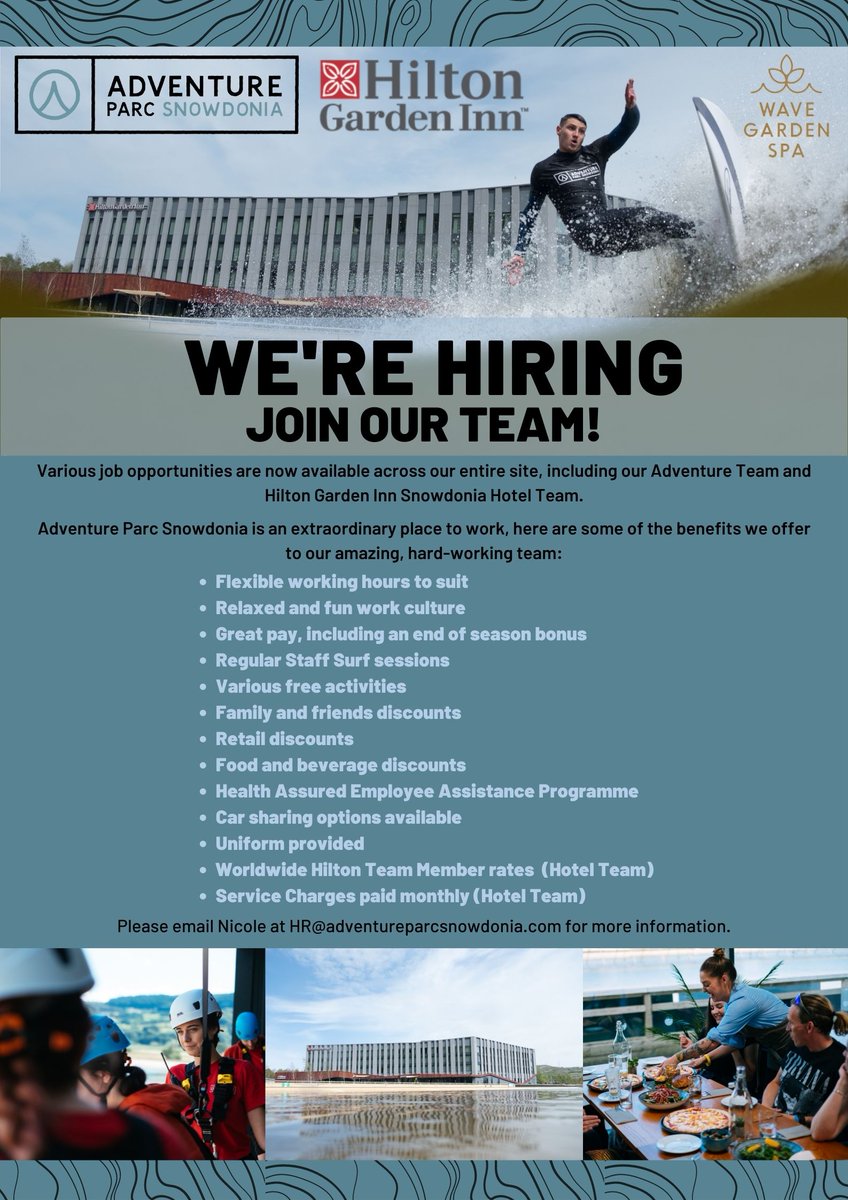 We're looking to expand our incredible team, with roles available across @HGISnowdonia and @AdvParcSnowdon and the Wave Garden Spa. For more information and applications, please email HR@adventureparcsnowdonia.com. #adventurejobs #northwales #recruiting #hiring