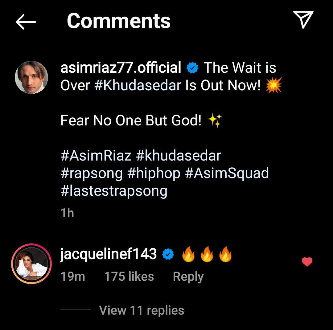 Witty_Alisha's tweet photo. #JacSim moment โค๏ธ
#JacquelineFernandez comment on Asim's insta post.
#AsimRiaz #AsimSquad #KhudaSeDar https://t.co/QGPrUnIfXs