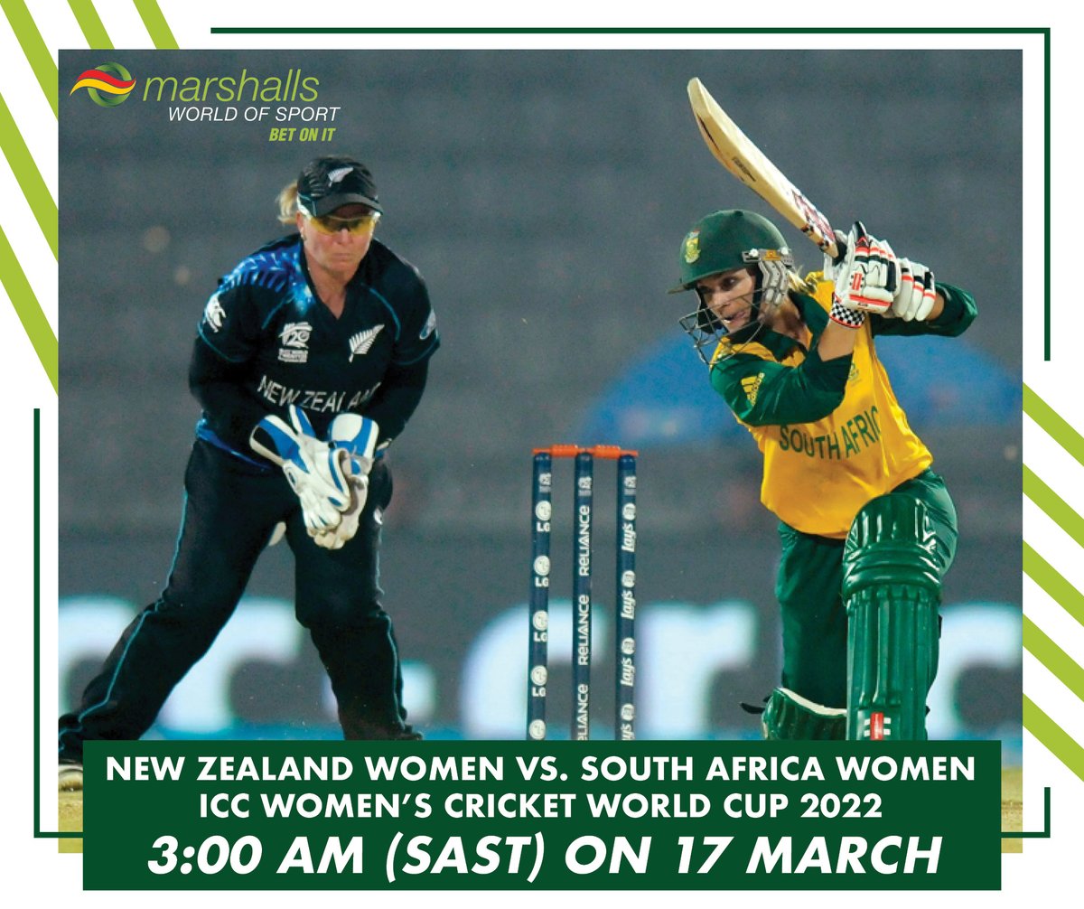 MBet_Bet_On_It's tweet photo. Catch the SA and NZ Women's cricket team go head to head in the #ICCWomensCricketWorldCup on 17 March 2022 at 03:00 am (SAST)! 🏏 Choose @marshallsworldofsport to bet on our @CricketSouthAfrica women here 👇  https://t.co/bup8kBTDL5  
#MWoSmembers #ICC #ODI #NZCricket #SACricket https://t.co/BGAROyfaPp