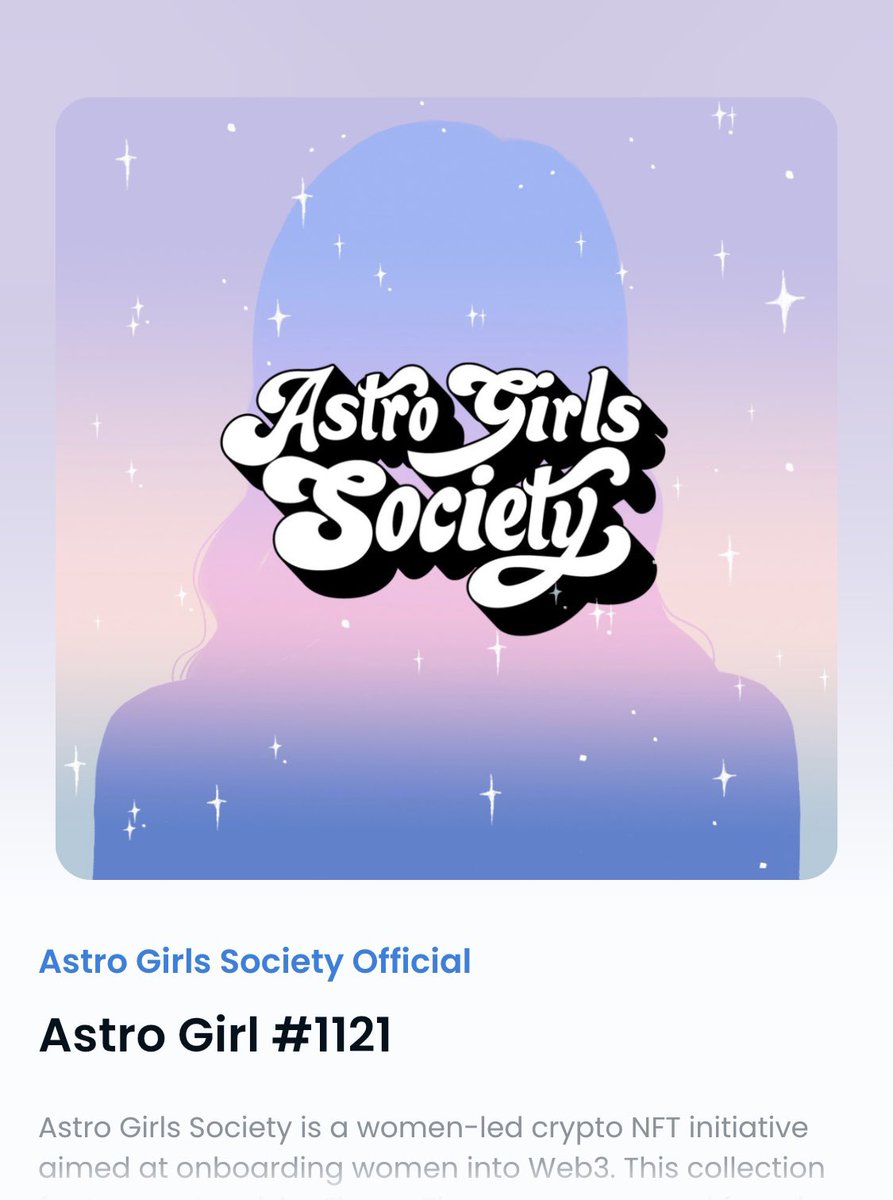 Really excited about this project 🙌 and just minted my NFT w <a href="/AstroGirls_NFT/">ASTRO GIRLS SOCIETY ☾⽉, ⽉☽</a> female-led project to get more women into web3. Lfg!! 🚀