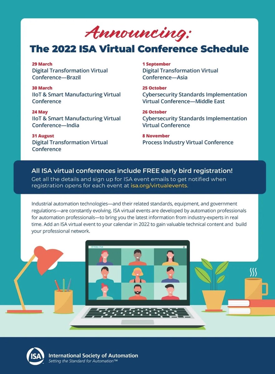 ReadoutSignpost's tweet photo. ISA Virtual Conference Schedule announced:
https://t.co/hhTZ6BoqdD
#PAuto #Automation https://t.co/FW1U0xbDNc