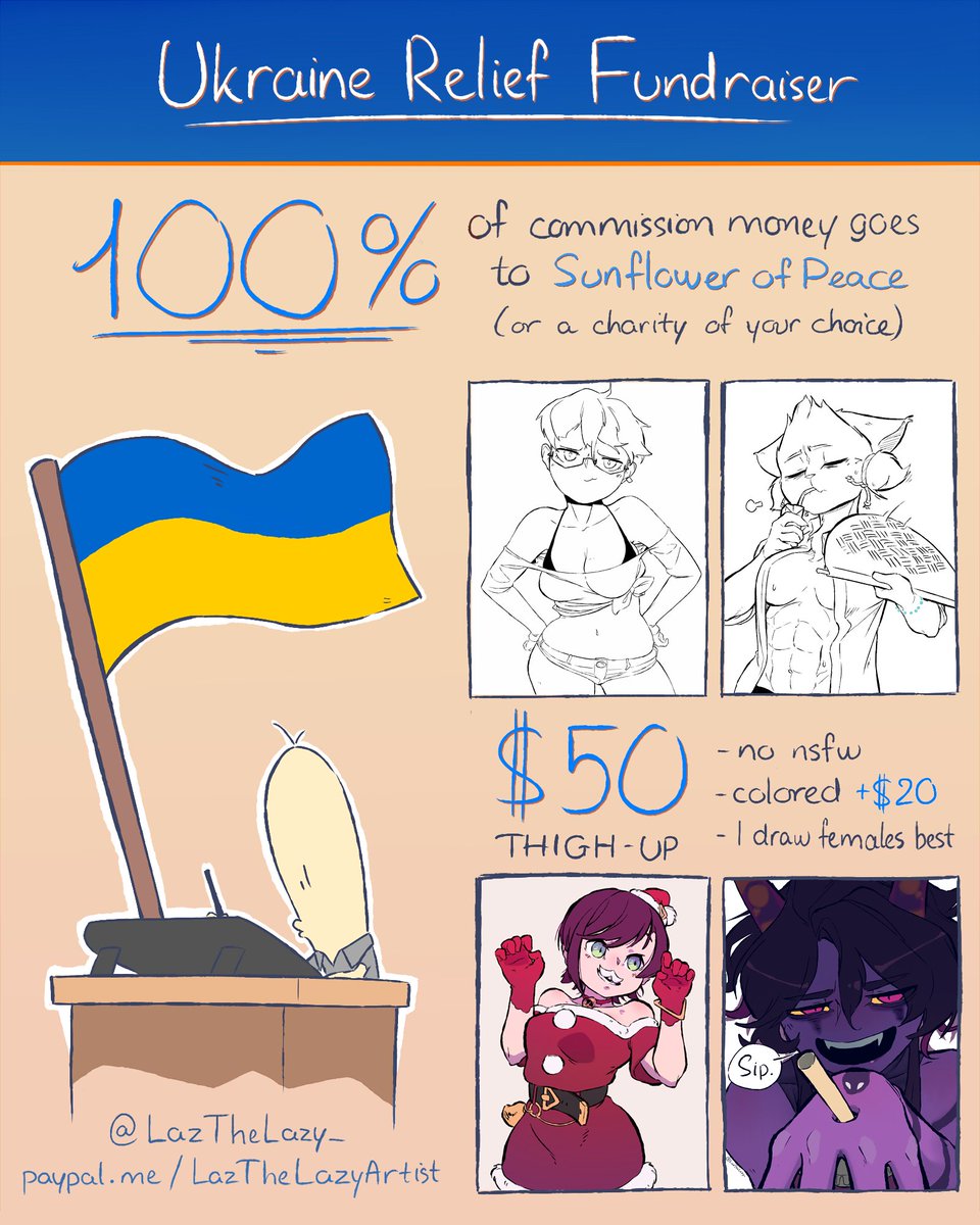 The war is still ongoing, and people are being hurt and displaced. Let's send some help to Ukraine.

My commissions are open, with 100% of the money going to Sunflower of Peace (or a charity of your choice!)

DM me if you're interested. More info in thread. 