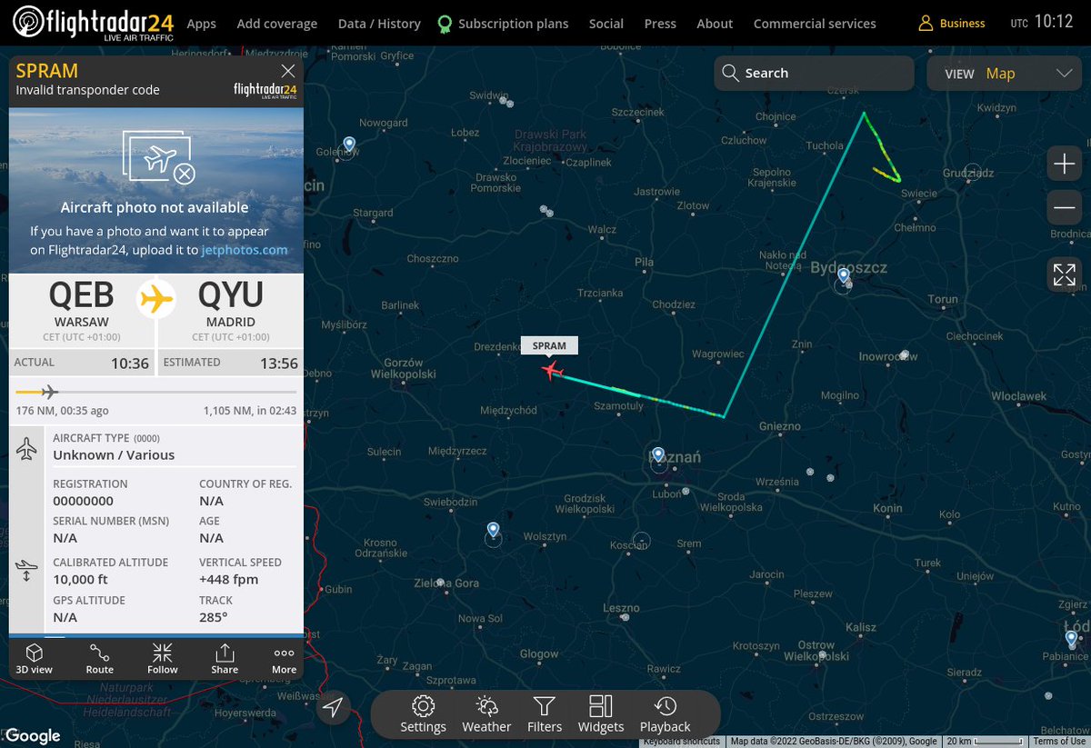 Radar_Assistant's tweet image. VERTICAL MANOEUVRING ALERT : At time Sat Mar 12 10:11:28 2022 #SPRAM was  manoeuvering vertically (altchange=8800ft, altdeltas=26300ft), 19nm from LAW Poznan_VOR-DME_PL
 near Daniele, Stobnicko, gmina Obrzycko, powiat szamotu #AvGeek #ADSB flightradar24.com/SPRAM/2b1c6669