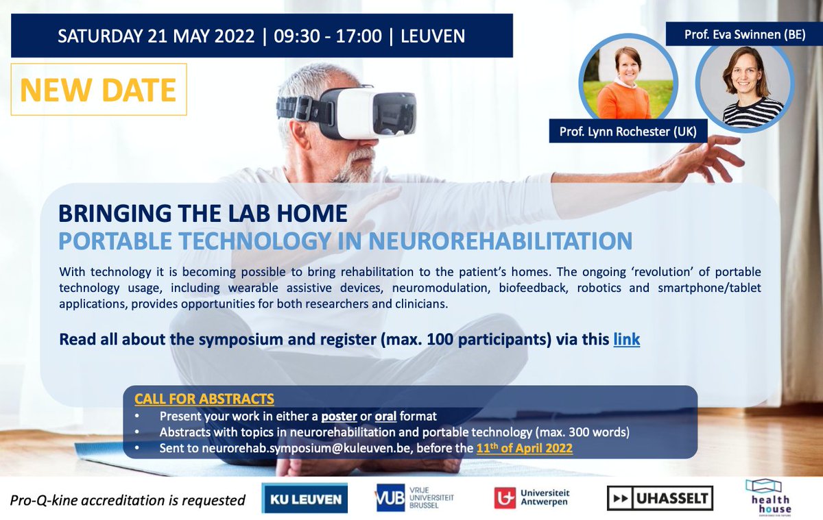 Fancy attending a congress in-person? Get rid of your pyjama/sport trousers/... for online events and submit an abstract for this one-day symposium on #portable #technology in #neurorehabilitation <a href="/KULeuvenPT/">KU Leuven PhysioTher</a> 21 May (deadline 11 April). Keynotes by @LynnRochester1 and <a href="/EvaSwinnen/">Eva Swinnen</a>