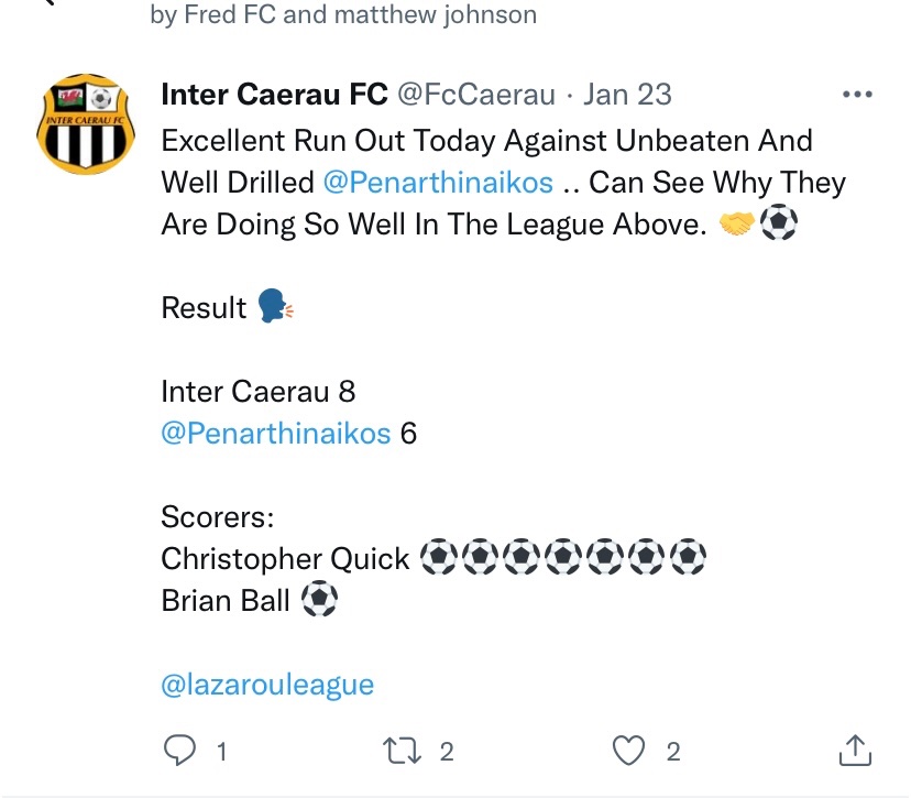 FcCaerau's tweet photo. @FredFC8 We beat them few weeks back… Very good team but then so are yourselves… All the best boys… https://t.co/VLHDrkMAyD
