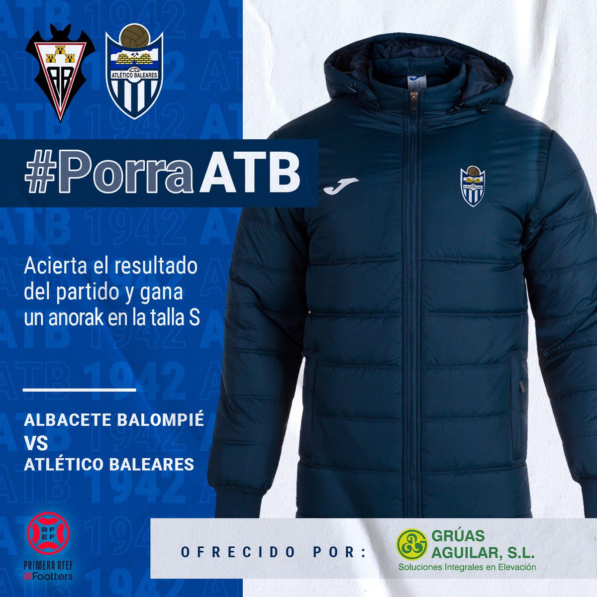 atleticbalears's tweet photo. 🎁 #Porra𝗔𝗧𝗕 ¡Acierta el resultado del #Albacete𝗔𝗧𝗕 de mañana y entra en el sorteo de un anorak.

👉 ¡Comenta el resultado!
👉 ¡Da me gusta a la publicación! 
👉 ¡Haz RT! 

🍀 ¡Suerte! https://t.co/S4nU1RMxwo