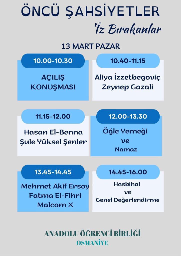 📍22’ yılı Bahar Dönem Kampı heyecanla beklenen 13 Mart Pazar günü “Öncü Şahsiyetler” konusu ile yapılacaktır. Kampımıza davetlisiniz.