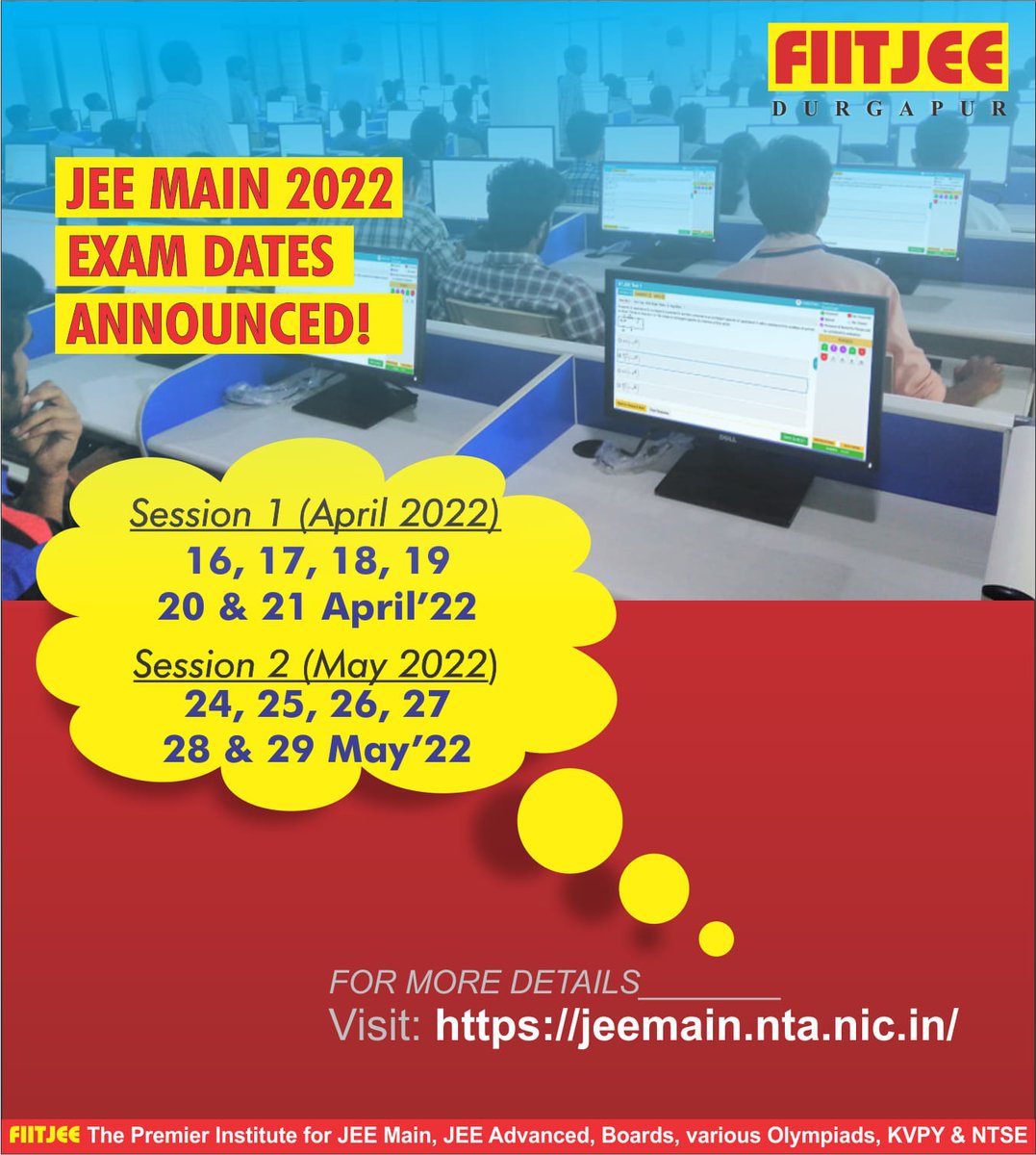 CentreFiitjee's tweet photo. JEE Main 2022 Exam Dates Announced!
For Public Notice &amp; More Details visit https://t.co/Z2D6dzvZrc https://t.co/5ZFBAVXXsQ