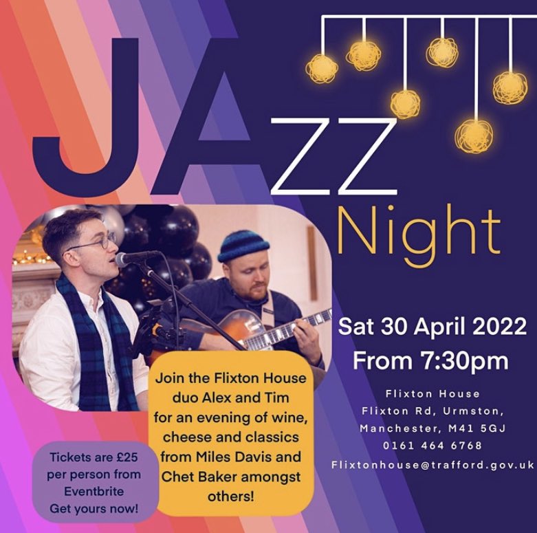 Join us <a href="/flixtonhouse/">Flixton House</a> &amp; celebrate International Jazz Day on Sat 30 April with music from the Flixton House Duo + a cheese &amp; wine supper included! Tickets are £25 pp + booking fee from Eventbrite - hope you can join us 😁
#urmston #flixton #trafford 

eventbrite.com/e/269213965217