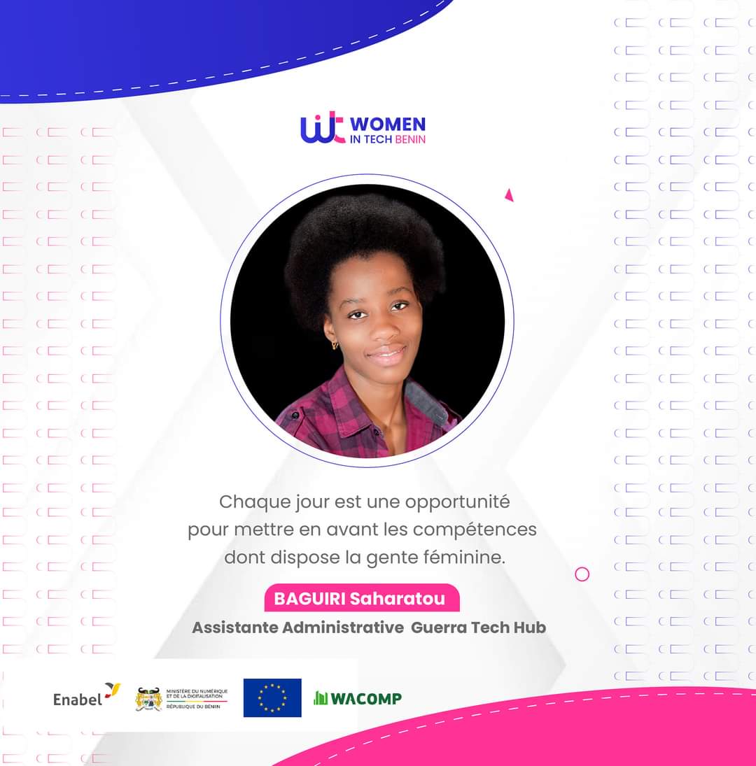 WitBenin's tweet image. @SaharaBaguiri est Assistante administrative #GuerraTechHub et co lead du programme d'entrepreneuriat numérique 100% féminin, #HackHer. 

Ce programme consiste à travailler avec les jeunes filles et femmes♀️ de 1️⃣8️⃣ à 3️⃣0️⃣ ans sur le marketing digital, l'entrepreneuriat,...👇