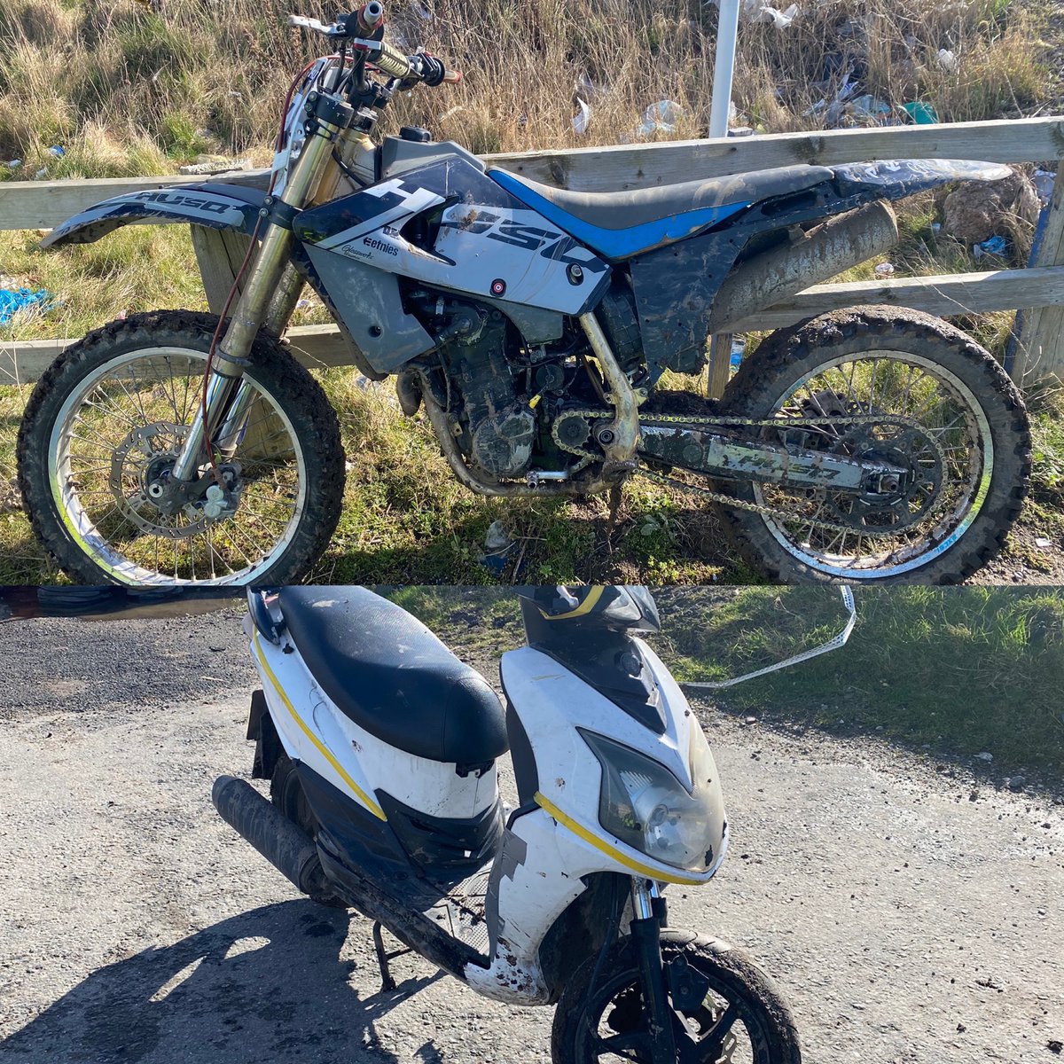 LancsRoadPolice's tweet image. After a bit of a foot chase at an opportune moment, these two seized behind Blackpool airport after contravening red traffic lights on route to off road area. Long term ASB issue @BlackpoolPolice after years of complaints by the local residents. #2down #offtocourt