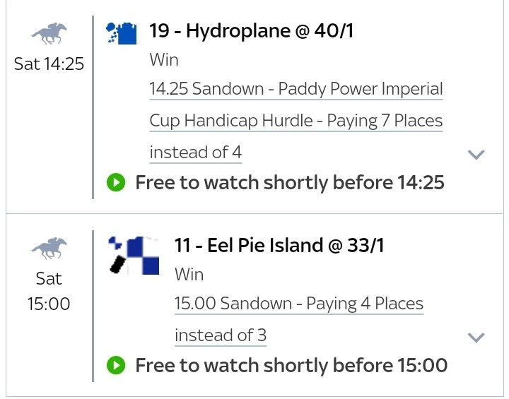 ExtraPlacePunts's tweet image. Just an EW double today on the #skybet extra place races at #Sandown 

Two big priced runners who I'm hopeful can both squeeze into the extended frame. 

🤞🏇🏾🏇🏼