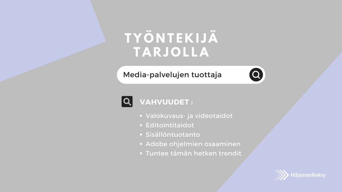 HRekry's tweet photo. Media-palvelujen tuottaja hakee palvelussamme töitä!📣

Loistavat valokuvaus- ja videokuvaustaidot omaava media-alan koulutuksen käynyt hakee töitä. Hakijalta löytyy osaamista editoinnista, Adobe ohjelmista sekä aitojen tilanteiden luomisesta kuviin.  

Ota yhteyttä hakijaan!🔥 https://t.co/rUwAmfUVcg
