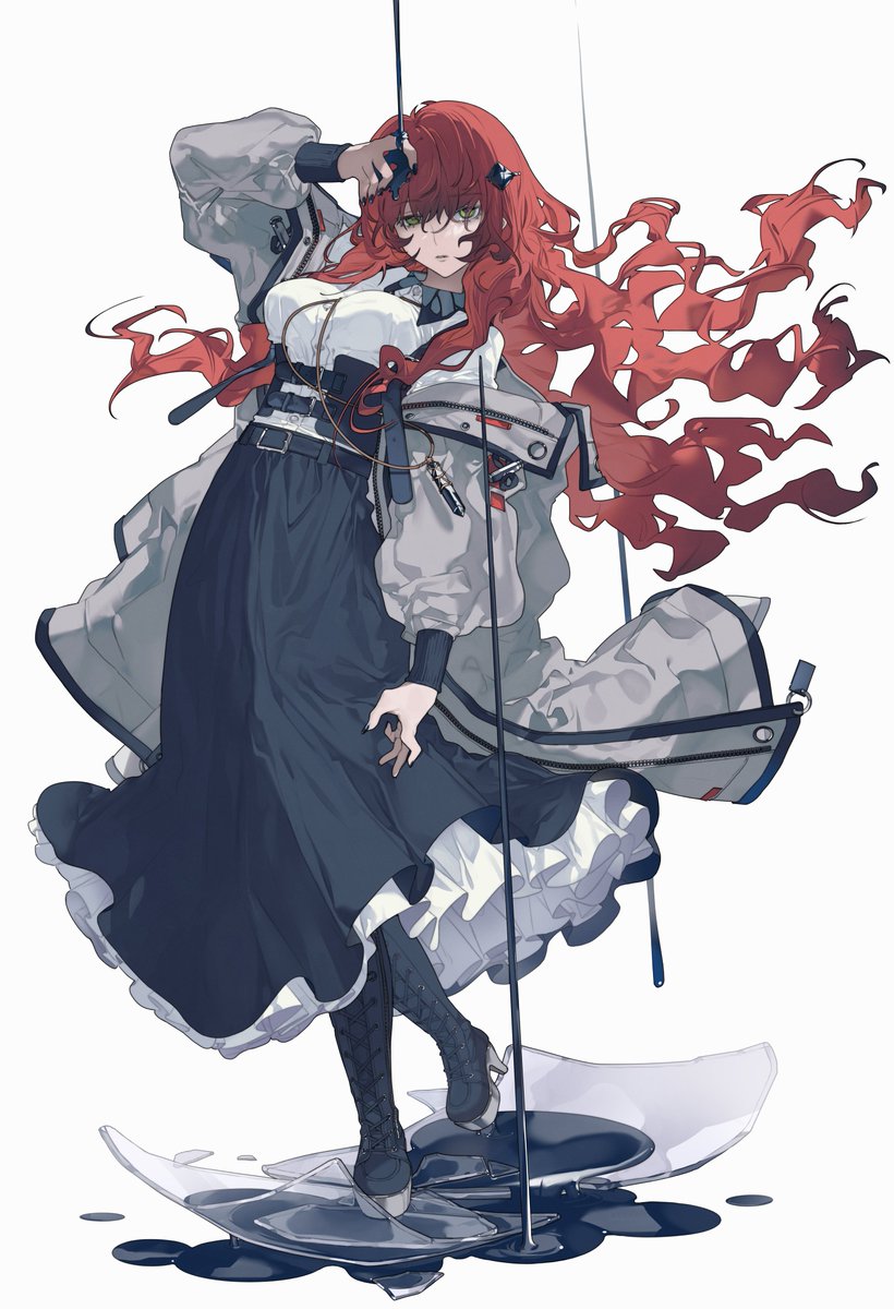 1girl solo long hair skirt red hair boots white background  illustration images