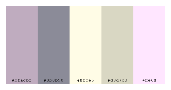 ColPaletteBot's tweet photo. Beep beep, here's a pretty color palette for you! 

color-scheme.js parameters used: 
- hue: 105
- variation: pale
- colors: #bfacbf, #8b8b98, #fffce6, #d9d7c3, #ffe6ff

Have a lovely day!

#twitterbot #colorpalette #colors #palette #prettycolors https://t.co/d584Wvctg8