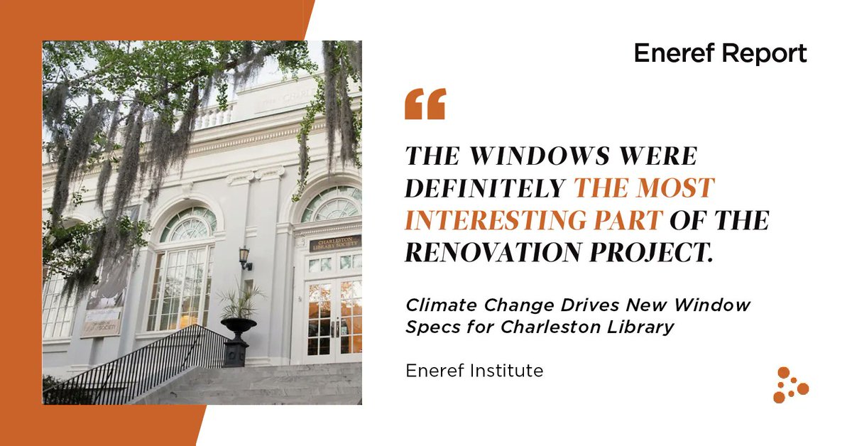 Eneref's tweet image. “When Hurricane Hugo hit in 1989, it put a whole lot of insurance companies out of business.” In an #EnerefReport (eneref.org/charleslib), Charleston Library Society Director Anne Cleveland explained the need to #CodeForClimate with stronger, hurricane-ready windows.