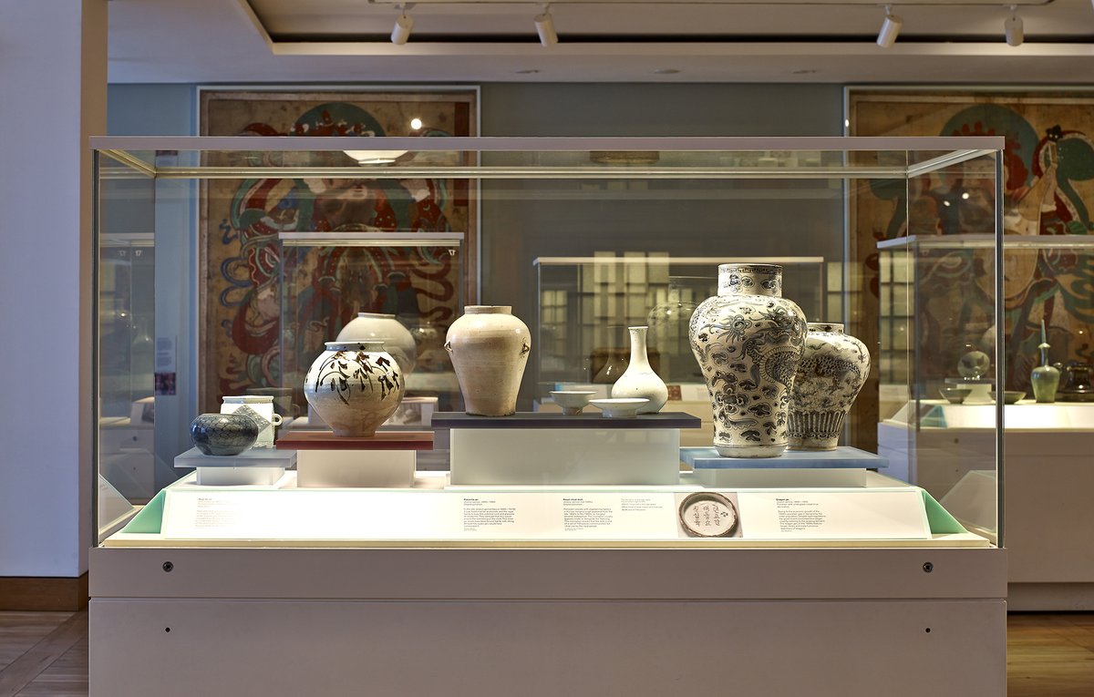 Inside the Korea gallery, with ceramic vessels on display in glass cases.