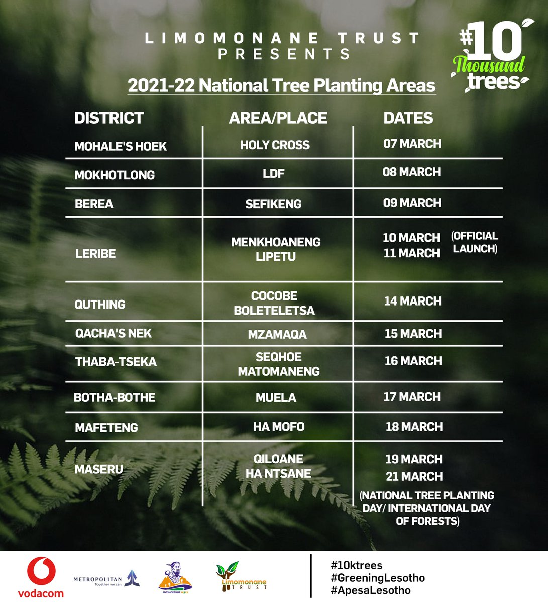 limomonane's tweet photo. Here is our updated schedule for the #10KTrees initiative. Will you be in any of these areas?? Do join us and the community and let's join hands to #GreenLesotho 
#ApesaLesotho https://t.co/Zl7eQy570g