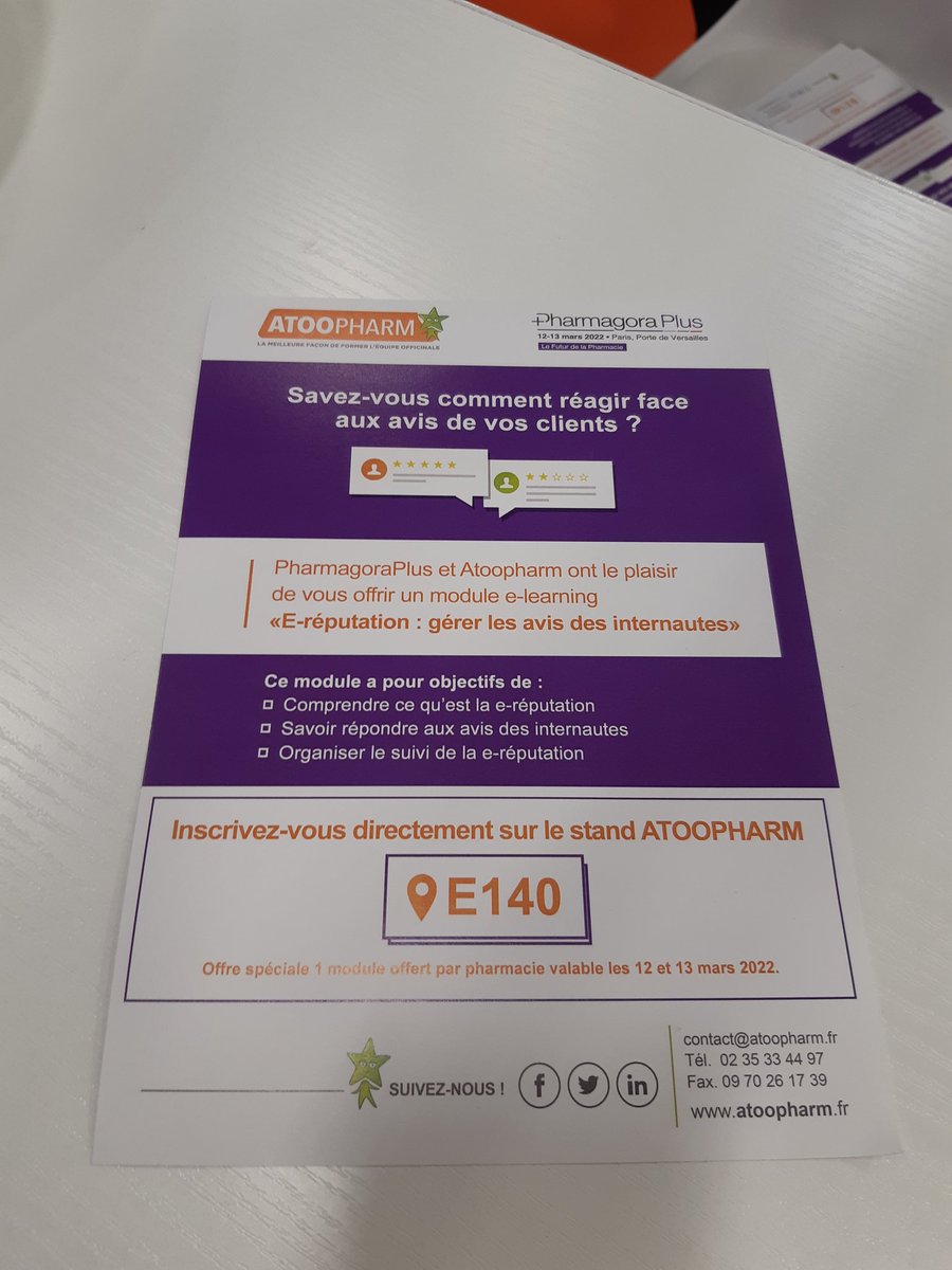 Atoopharm's tweet photo. Cette année PharmagoraPlus et Atoopharm vous offrent le module e-learning "E-réputation, gérer les avis des internautes" 
Venez vous inscrire directement sur le stand Atoopharm E140 ! #PharmagoraPlus https://t.co/NTqdbcnyn2
