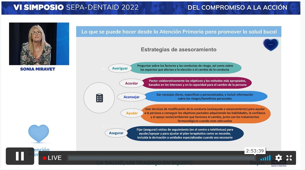 dentaid_es's tweet photo. “Desde atención primaria seguimos la estrategia de las 5 As: averiguar, acordar, aconsejar, ayudar y asegurar”, Dra. Sonia Miravet en el #SimpSepaDENTAID @SEPAperiodoncia https://t.co/vItQsdrHZP