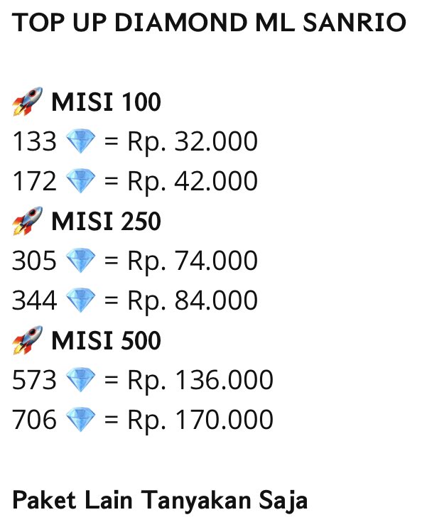 🚀 TOP UP DIAMOND BUAT SELESAIKAN MISI EVENT SANRIO 🚀

➡️ Proses 1-15 menitan 🙇🏻

💌 minat bisa dm atau whatapp s.id/WAOle

#zonauang