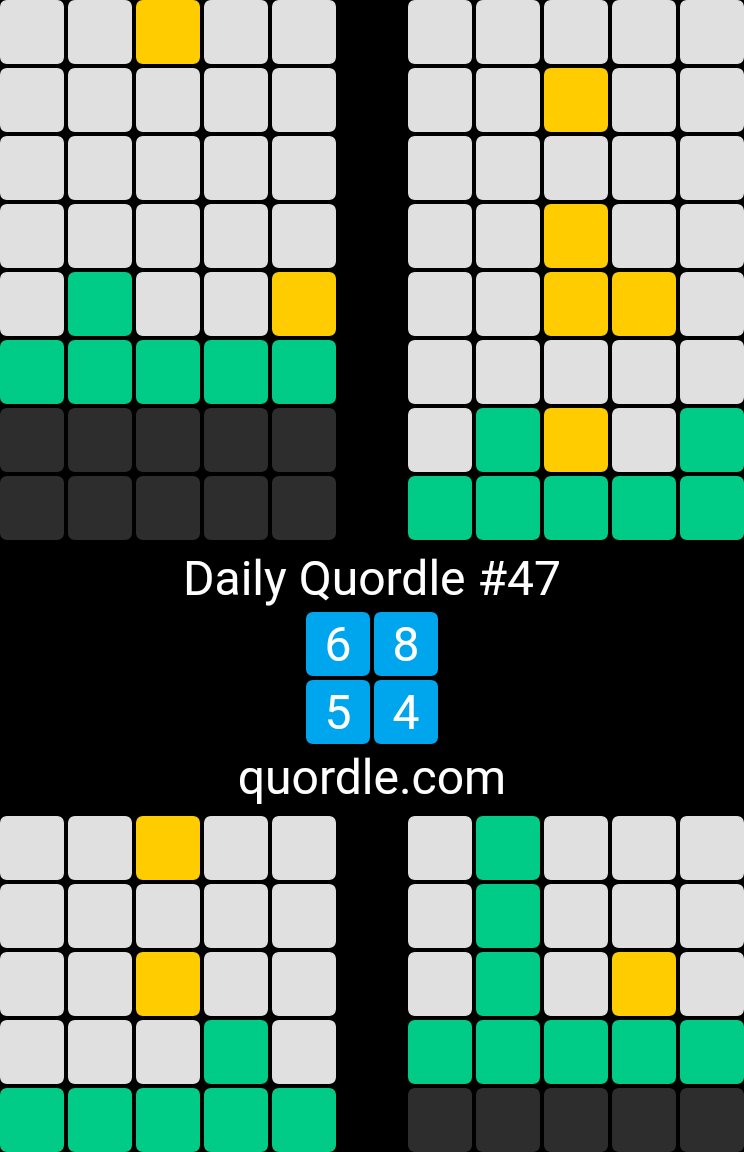 Daily Quordle #47
6️⃣8️⃣
5️⃣4️⃣
quordle.com