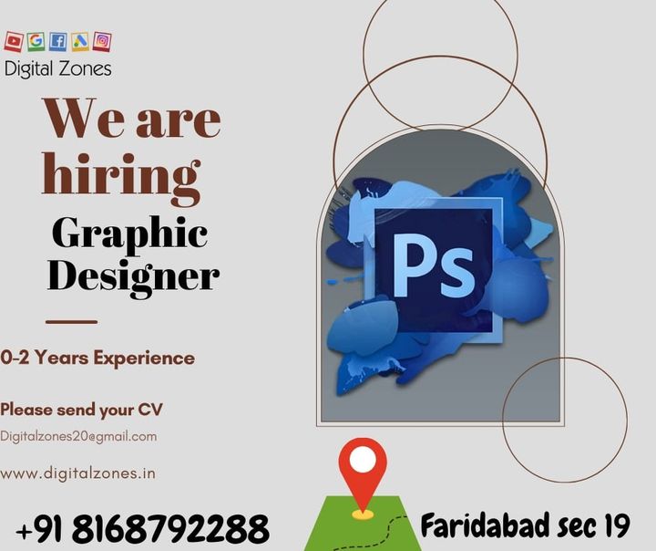 DigitalZonesSer's tweet photo. We are Hiring Graphic Designer with 1-2 years experience on PhotoShop at our office in Sector-19, Faridabad.(on-site).

Fresher with Good Knowledge of PhotoShop or other Graphic tools, can also apply.

If interested, share your CV at digitalzones20@gmail.com or call 8168792288. https://t.co/w3LMeTcRjB