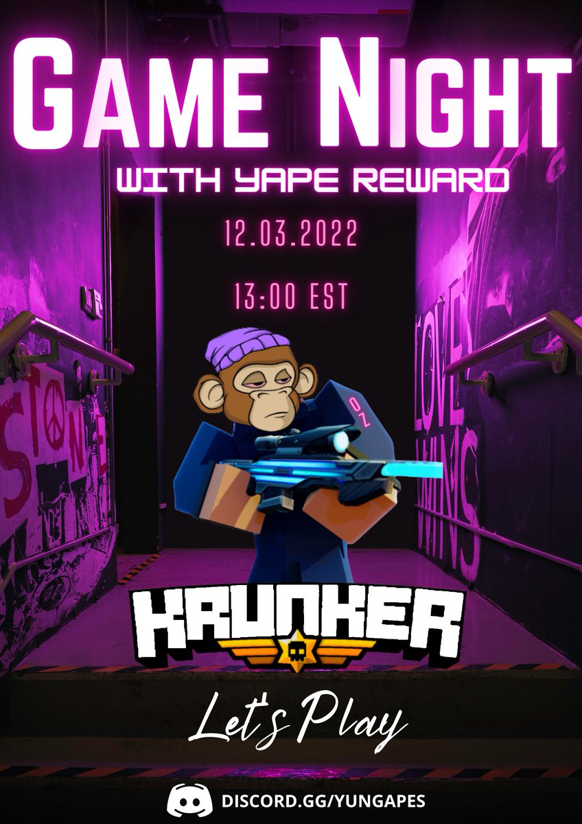 🚨Alarm! Alarm!🚨
Breaking News from YAPES HQ:

There will be a conflict between YAPES and other apes! We're calling all YAPES to duty!

Join us in Krunker game event tonight!

🎉Winner gets 1 Yung Ape NFT🎉

For details and join: discord.gg/yungapes