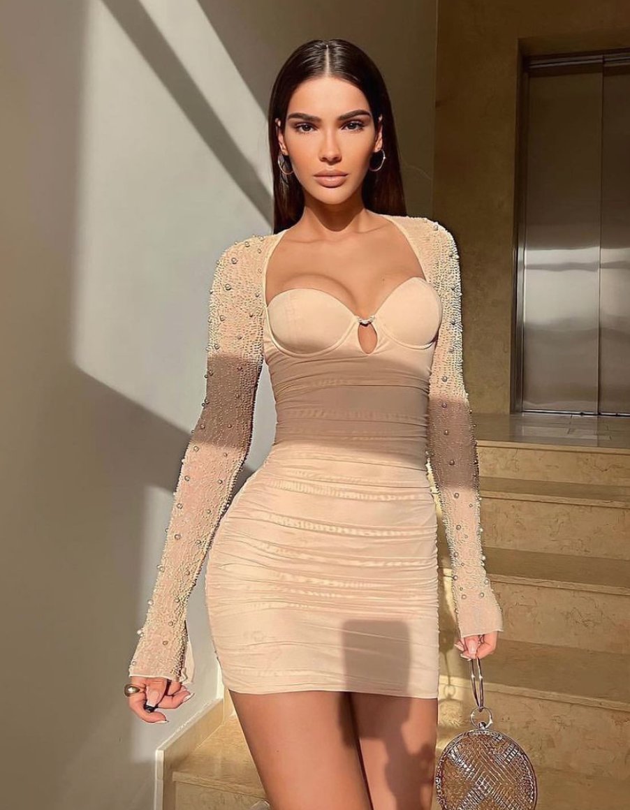 open lace back dress St. Germain Embellished Long Sleeve Mini Dress in Blue