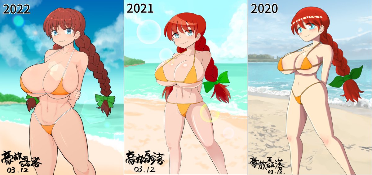 今日でTwitter2周年ということで、最初に描いたイラストをリメイク。前年までのリメイクとの比較も載せておきます。 