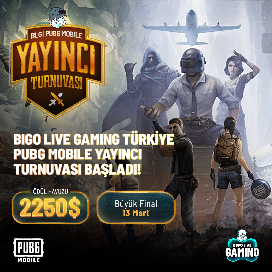 bigogamingtr's tweet photo. Bigo Live Gaming PUBG MOBILE Yayıncı Turnuvası başlıyor! 🪂 

Büyük ödülün sahibi olmak için mücadele edenler arasından bakalım kazanan hangi takım olacak?

⚔️ Elemeler: 12 Mart
⚔️ Final: 13 Mart
⚔️ Büyük Ödül Havuzu: 2.250$
 #bigolivegaming #pubgmobile #gaming https://t.co/XvNmWKT3IT